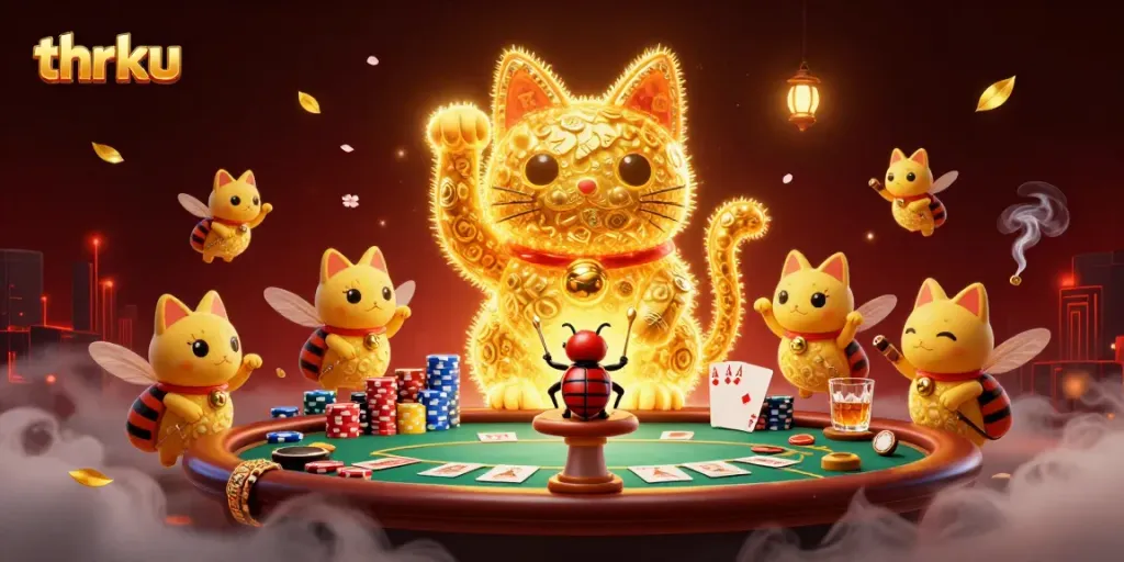 Engage with thrilling poker adventures at thrku with a vibrant lucky cat illustration.