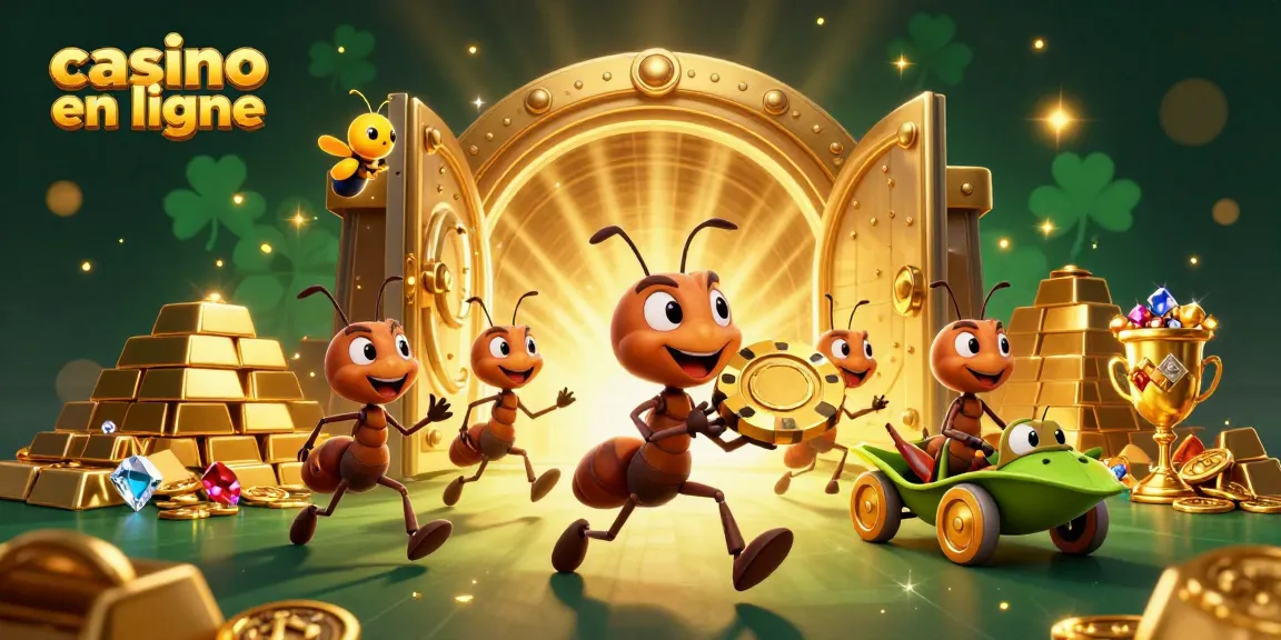 Des fourmis transportent un jeton de poker colossal dans un casino en ligne rempli de trésors.
