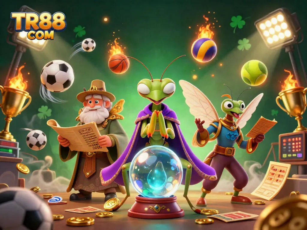 Engage in strategic sports betting with TR88 COM illustrated by dynamic characters and gaming elements.