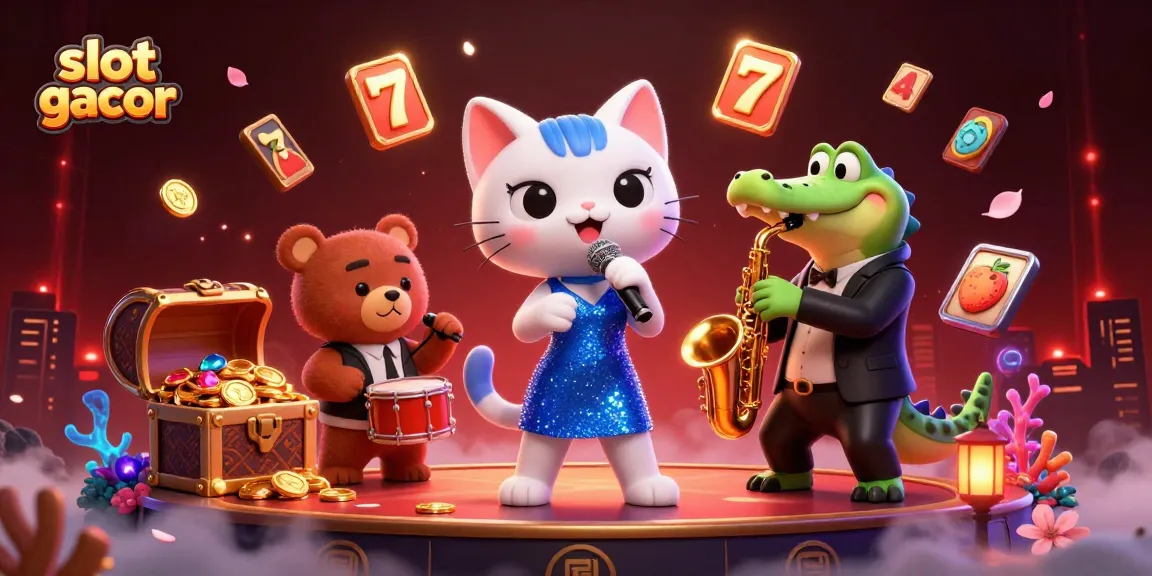 Experience thrilling slot gacor action in a vibrant casino scene with cartoon characters.