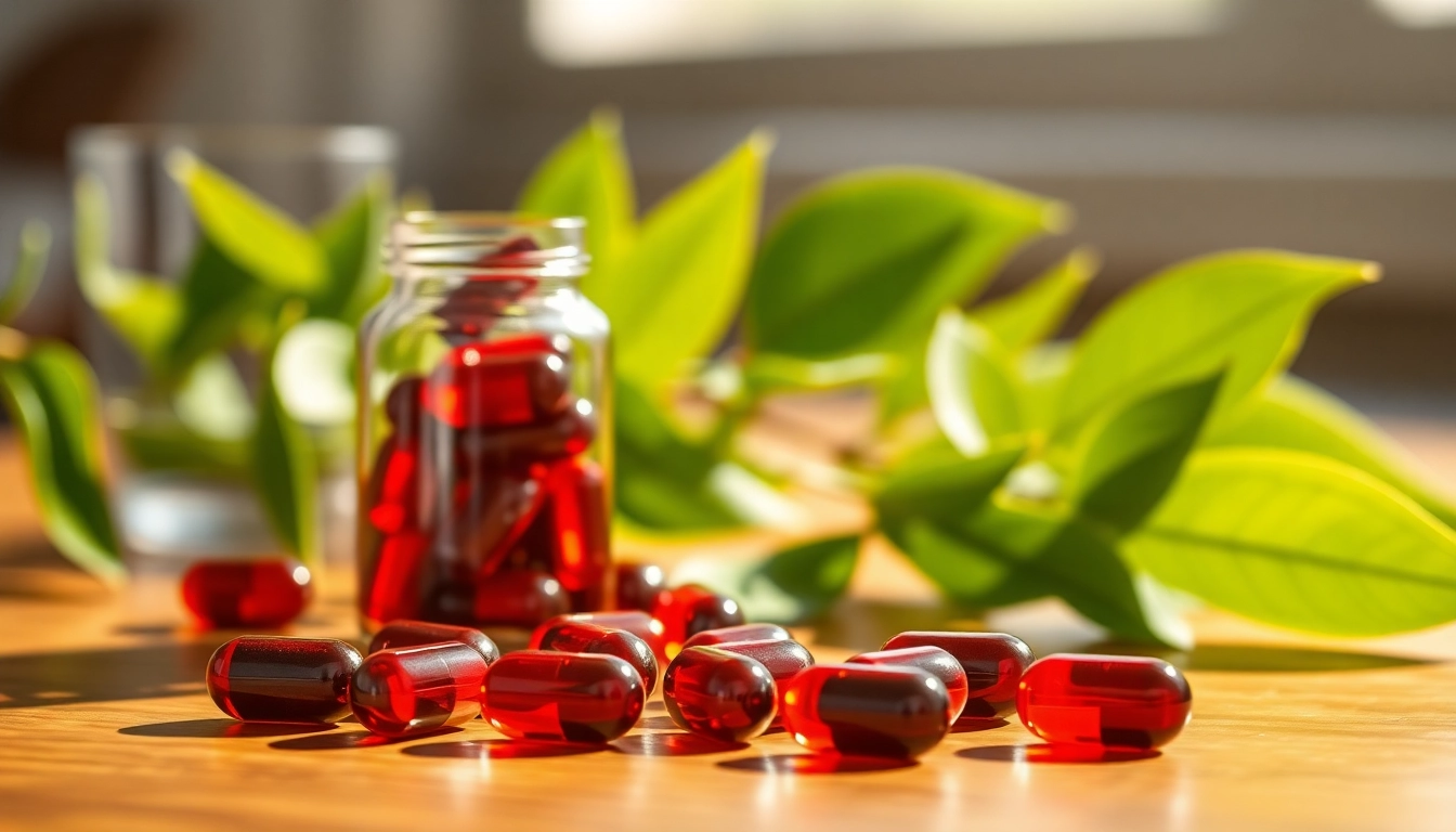 Astaxanthin for dry eyes - vibrant capsules resting on a wooden table, surrounded by greenery.