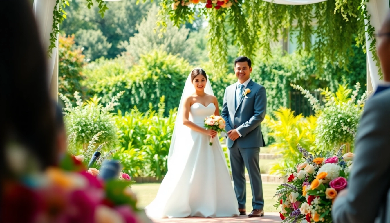 Wedding photographer London Ontario capturing a romantic garden ceremony with soft greenery and bright colors.