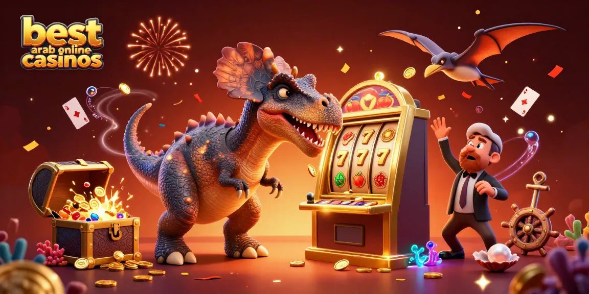 Experience excitement with best arab online casinos as a pachycephalosaurus wins a jackpot, amidst flying coins and vibrant casino action.