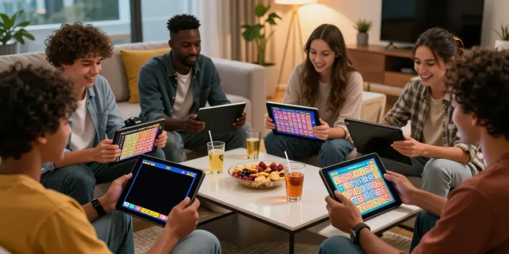 Friends enjoying a virtual lottery game with devices and snacks while discussing harga toto in a cozy living room.