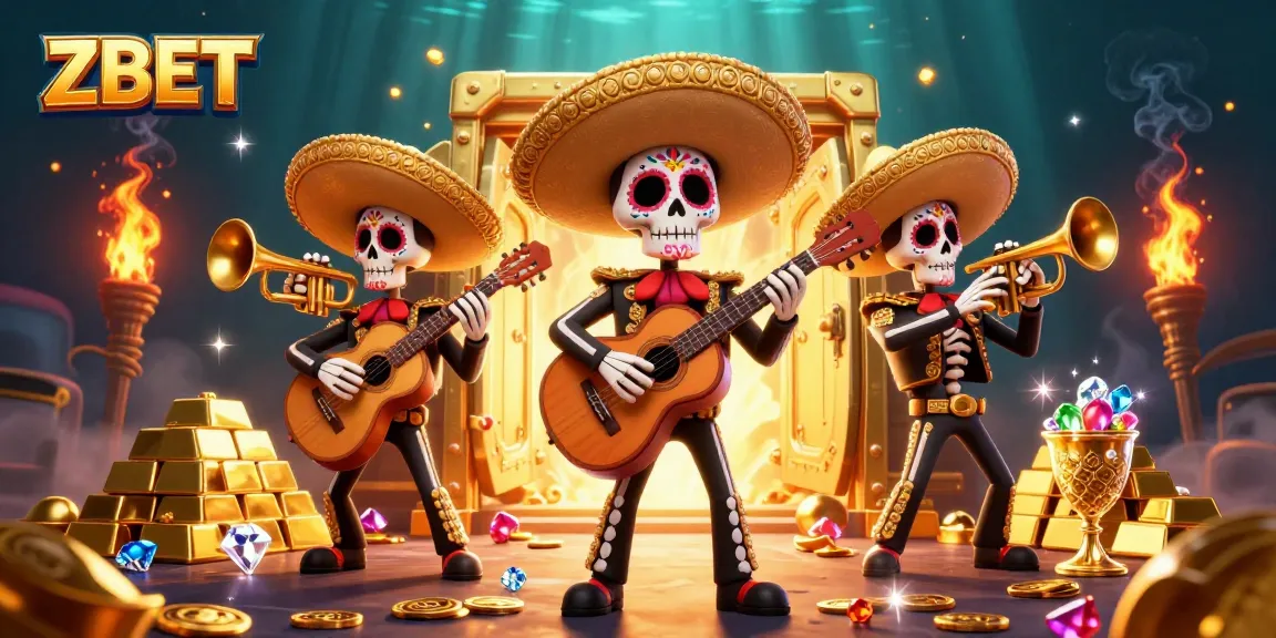 ZBET showcases an engaging Day of the Dead themed casino scene with vibrant characters and treasures.