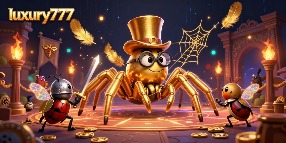 Experience luxury777 with a golden tarantula and knight in this vibrant casino adventure.