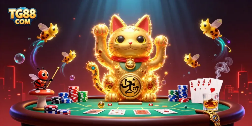 Experience thrilling gameplay at TG88 COM with vibrant casino elements featuring a lucky cat.