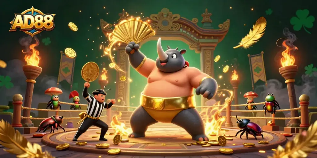 Engage with AD88 in an energetic 3D casino scene with a rhinoceros beetle champion.