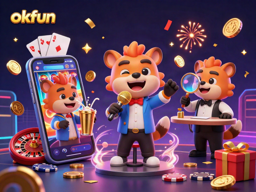 Enjoy exciting slot fun with okfun in a vibrant casino scene featuring hyenas in action.