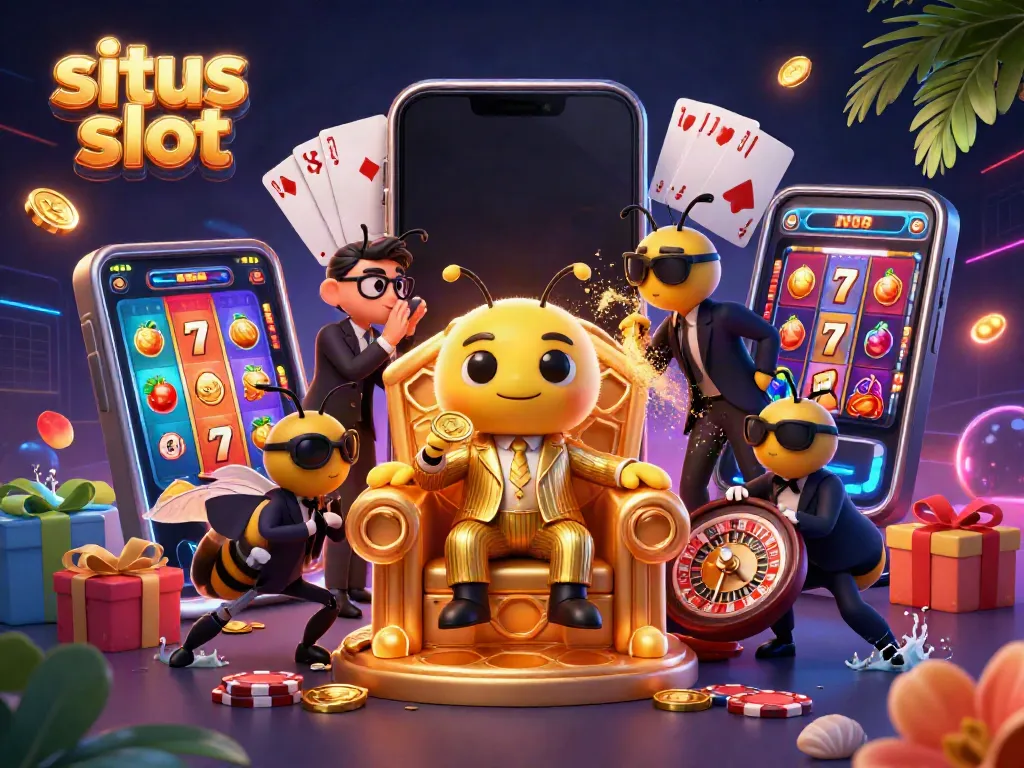 Permainan situs slot penuh warna dengan simbol keberuntungan dan karakter kartun unik.