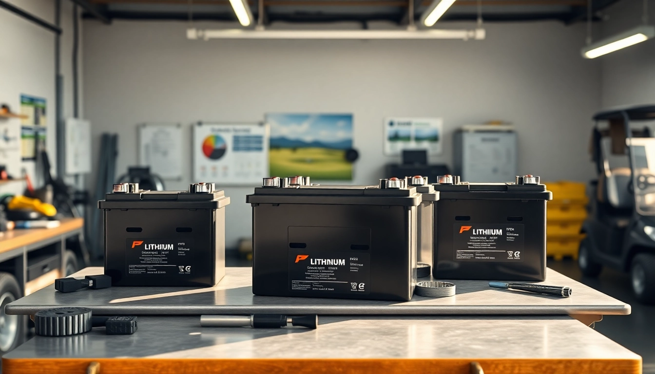 Explore lithium golf cart batteries showcased on a workbench with performance charts and tools.