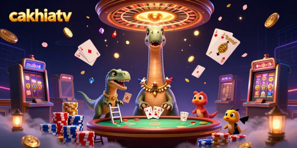 Experience cakhiatv with a vibrant illustration capturing a cartoon brontosaurus and casino action.
