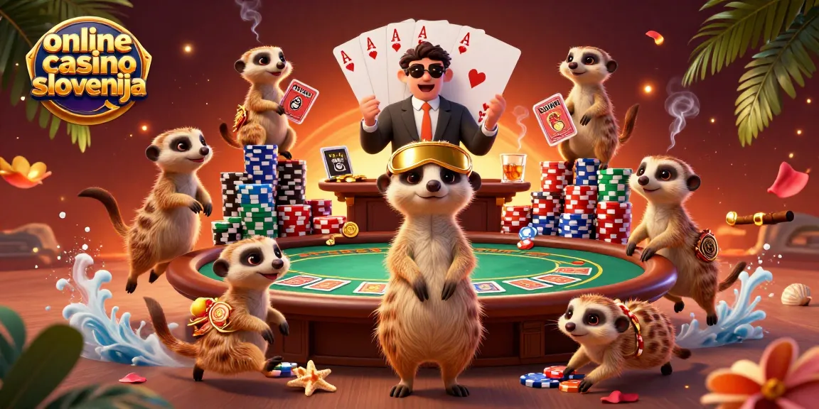Online casino Slovenija z meerkatki, ki vodijo kazino, dinamično igro in bogate čipe.