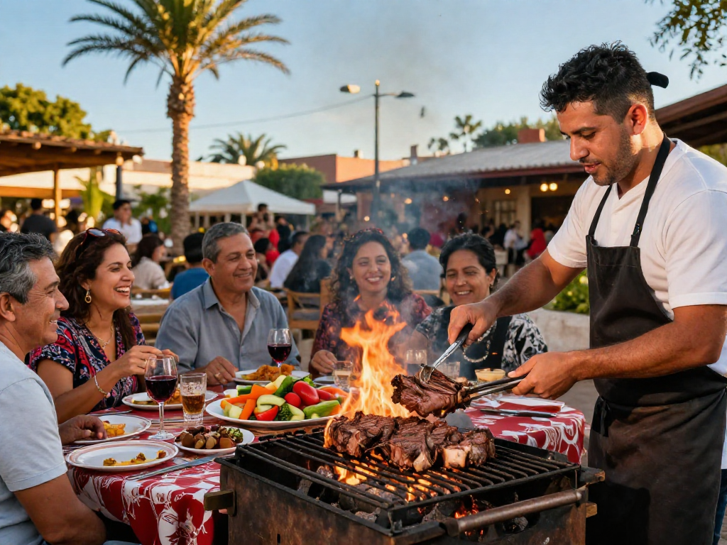 Experience the best parrillada Argentina near me with friends enjoying grilled meats and local wines