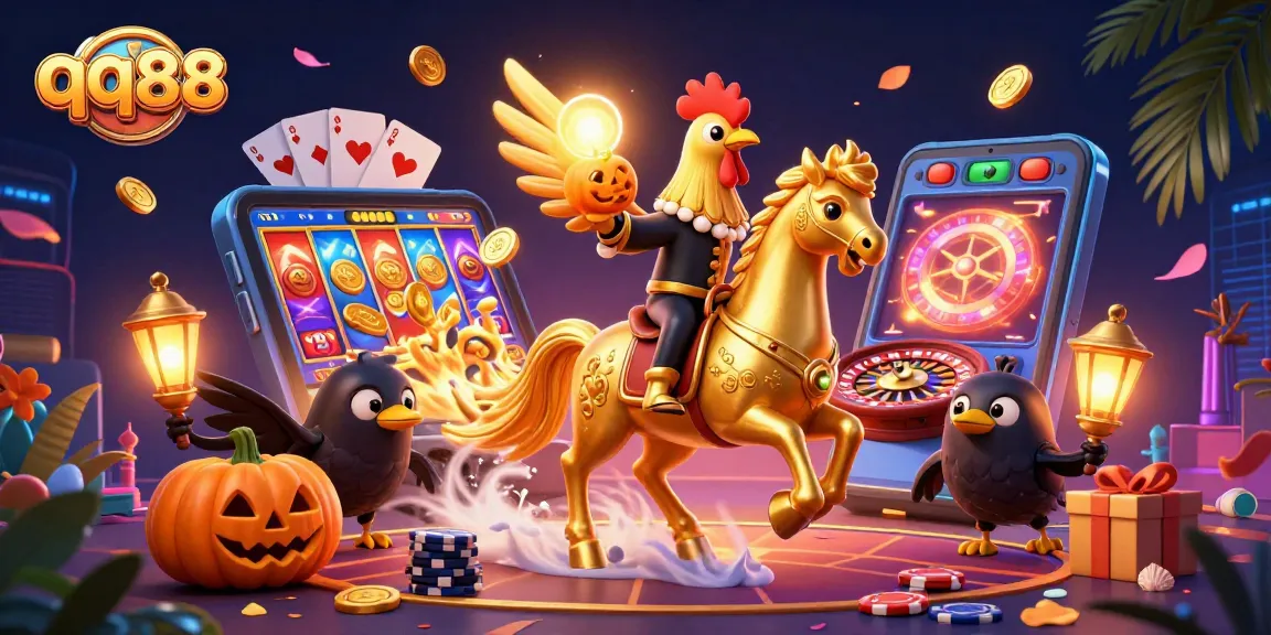 Engaging scene of qq88 with characters in a casino setting, featuring a golden rooster and dynamic gaming elements.