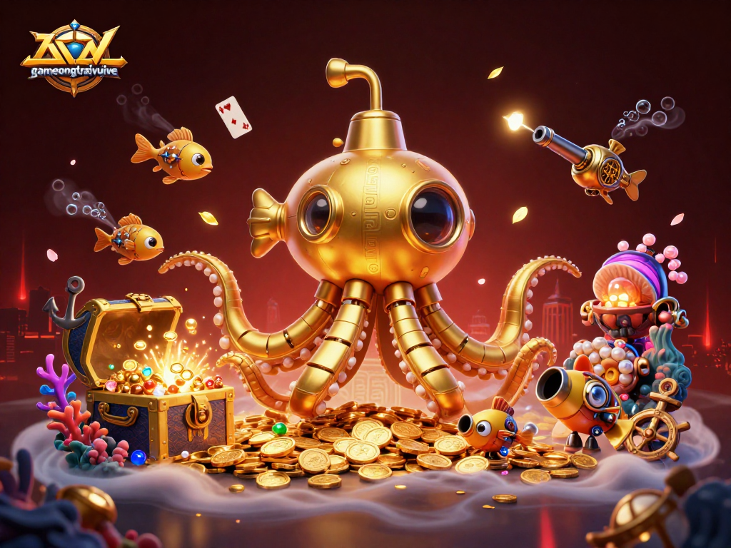 Immerse yourself in gamenongtraivuive's exciting underwater adventure, featuring a golden kraken and mechanical fish.