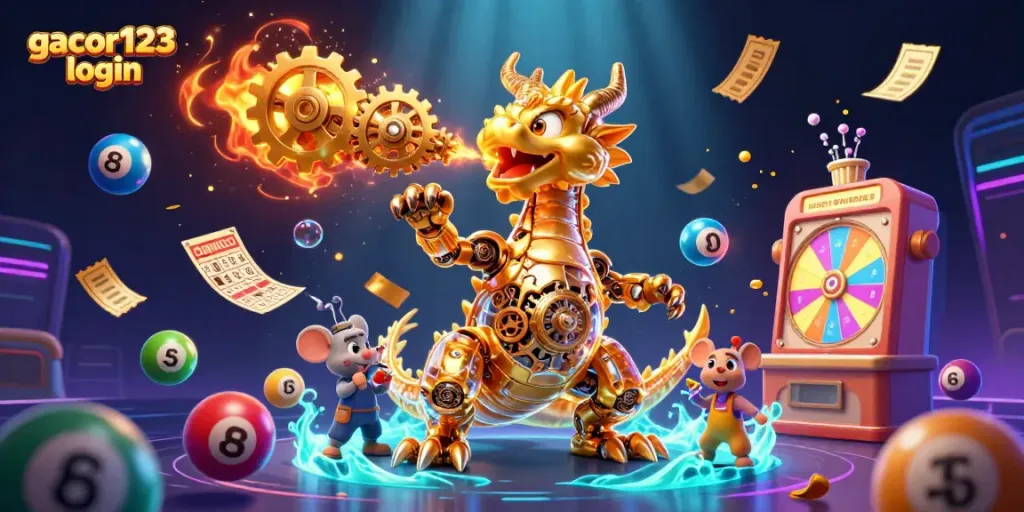 Engage with gacor123 login for exciting slot gaming experiences through this vibrant illustration