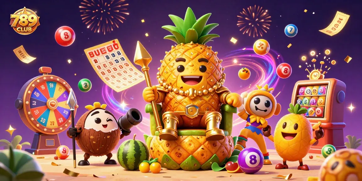 Experience the fun of 789CLUB through a vibrant casino party scene featuring a golden pineapple king.
