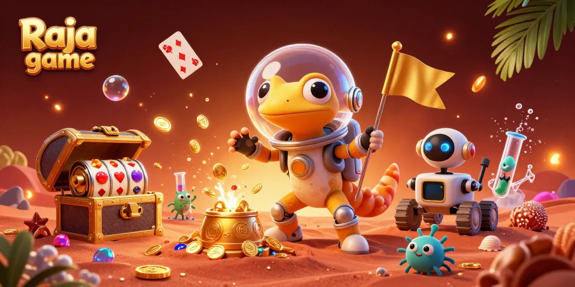 Engage in the thrilling Raja game with a 3D Martian gecko exploring a golden casino scene.