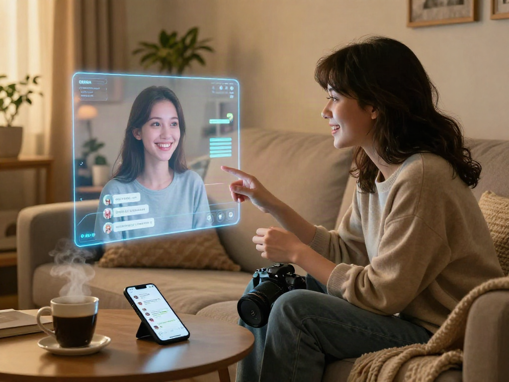 Engaging interaction between a user and a friendly girlfriend AI, showcasing emotional connection in a cozy setting.