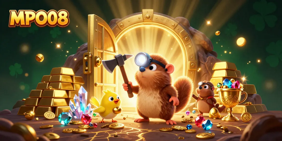MPO08 treasure hunter mole discovers jackpots and gems in a vibrant casino theme illustration.