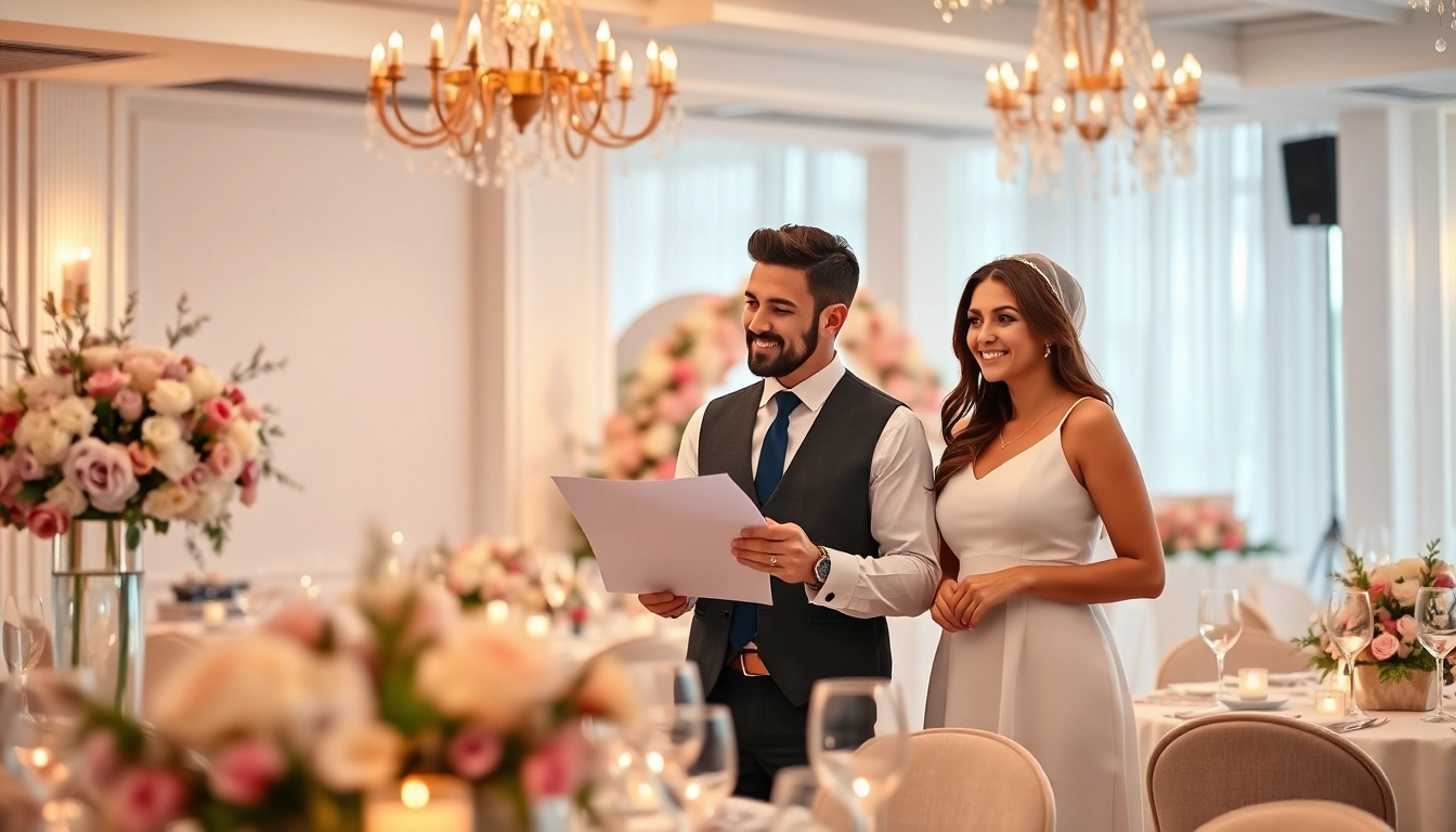 Washington dc wedding coordinator discusses plans with a couple in an elegant setting.