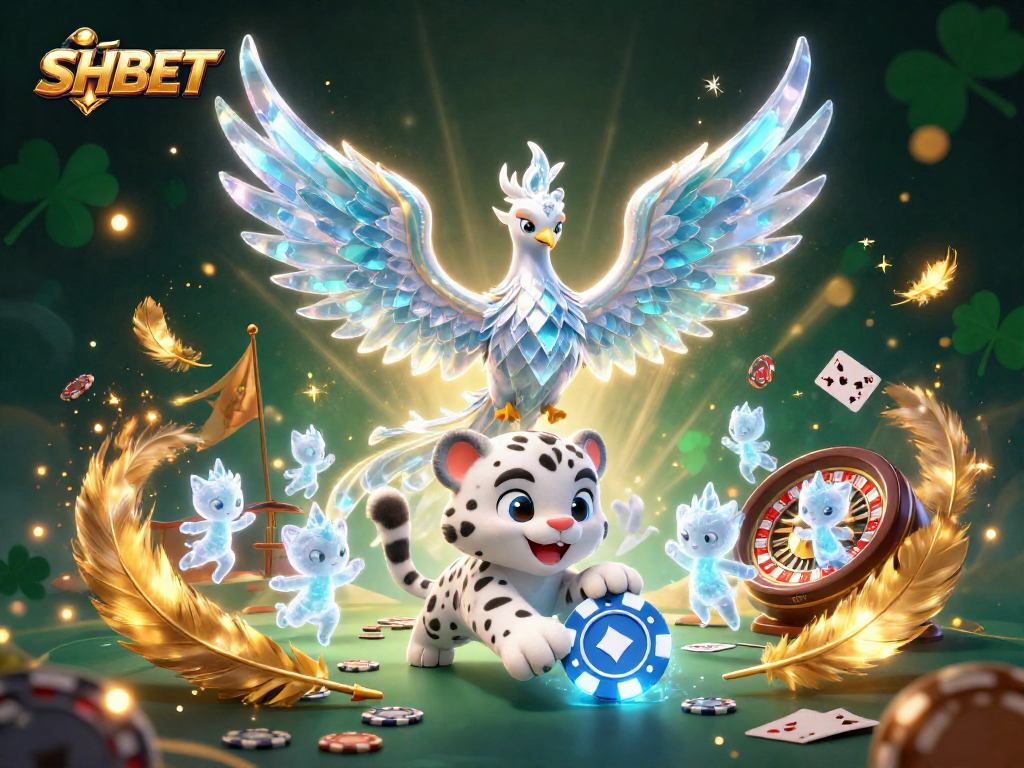 SHBET's vibrant 3D casino scene with an ice phoenix, snow leopard, and poker elements