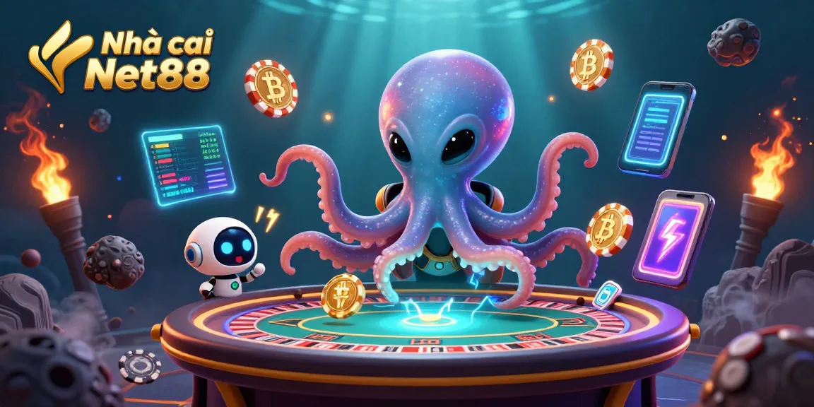 Engage with Nhà cái Net88's vibrant casino scene, featuring playful alien octopus and crypto elements.