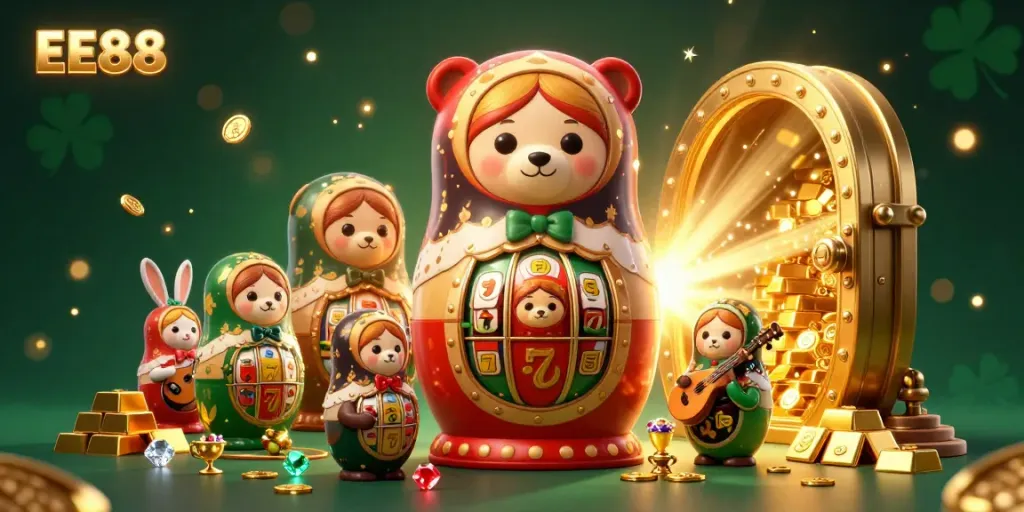 Unleash your luck with EE88 in a vibrant casino-themed 3D illustration of a festive scene.