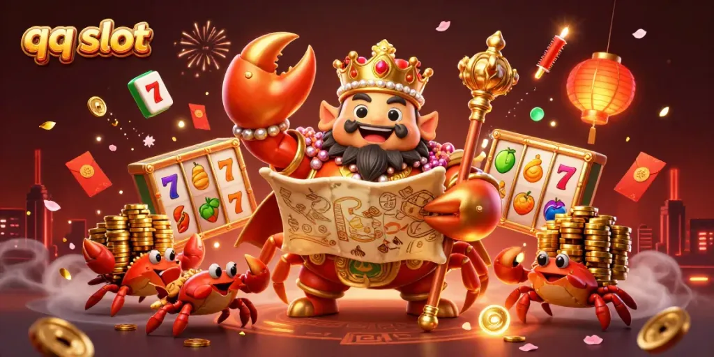 Win big with qq slot in a vibrant 3D casino scene featuring a golden crab emperor and lucky symbols.