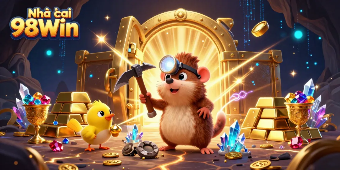 Experience the thrill of Nhà cái 98Win with a treasure hunter mole and dazzling gems in a vibrant casino scene.