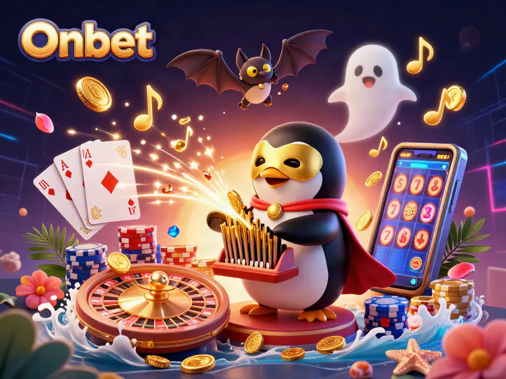 Onbet's cinematic scene with a phantom opera penguin, golden coins, and dynamic casino elements showcasing excitement.