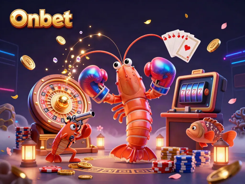 Engage with Onbet's vibrant casino world featuring bold shrimp characters, roulette, and sparkling treasures.