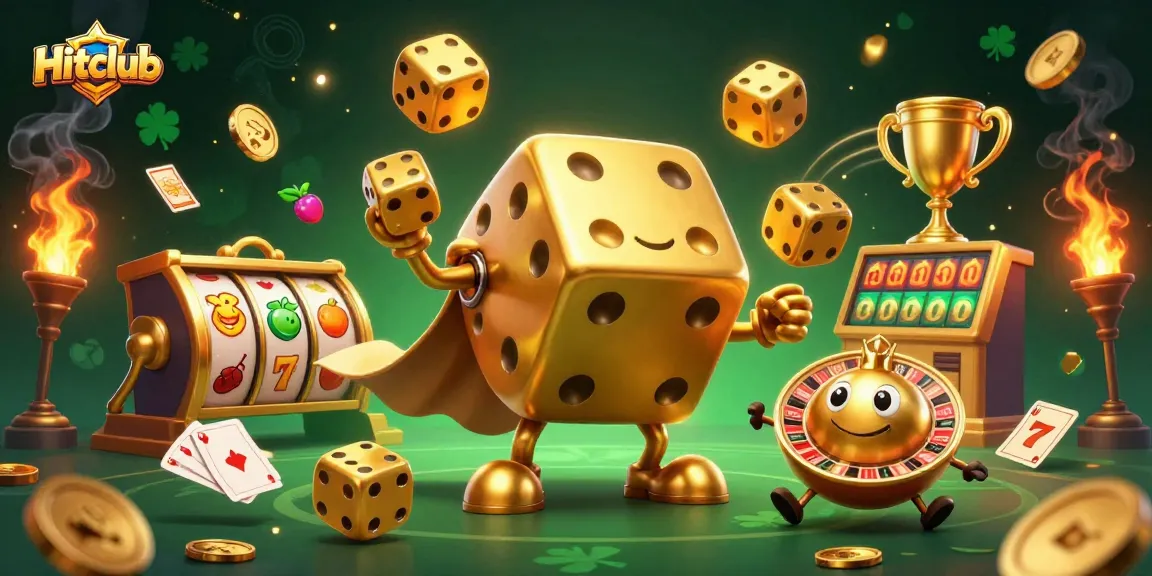 Hitclub's captivating golden dice golem juggles coins and reels in a vibrant 3D casino scene.