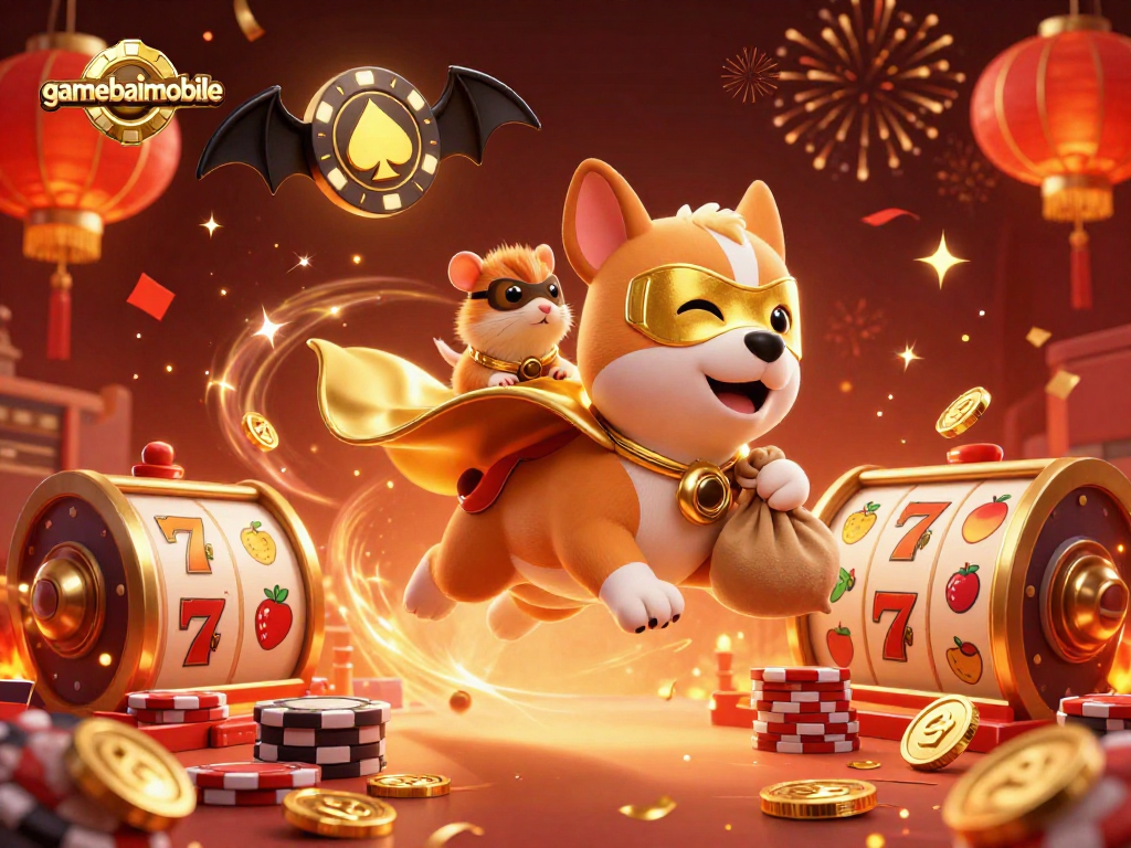 Experience gamebaimobile's thrilling adventures with a flying superhero dog and his hamster sidekick in a vibrant casino scene.