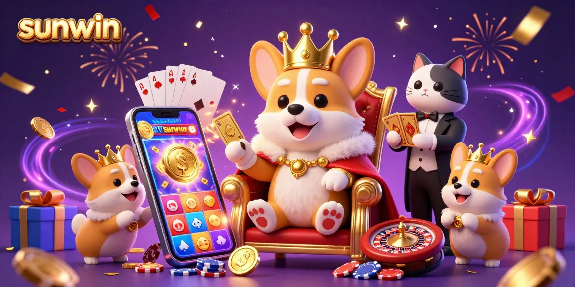 Experience sunwin's vibrant gaming scene with a royal corgi and festive elements, showcasing excitement.