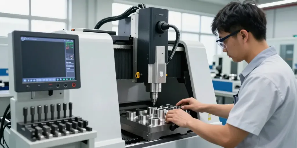 Crafting custom stainless steel parts in a modern CNC machining workshop with skilled technician.