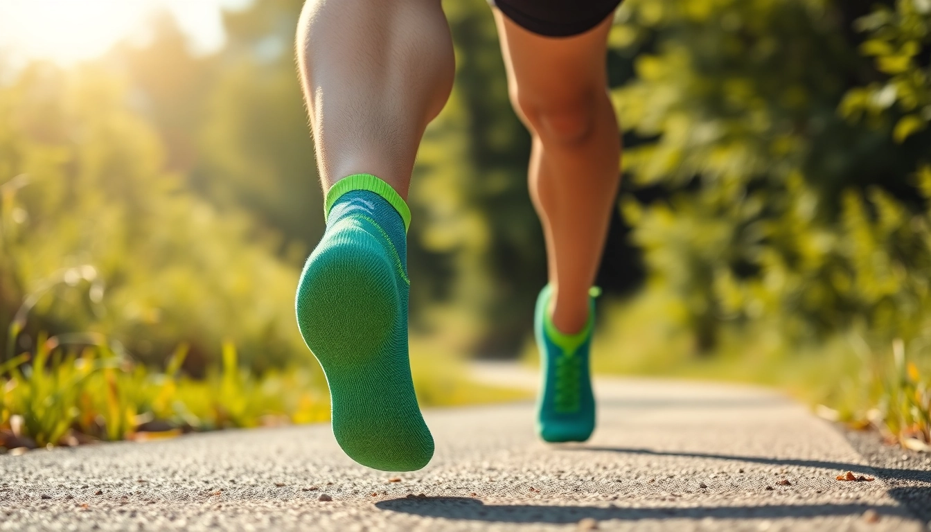 Running athlete demonstrating anti blister running socks on a sunny trail, emphasizing comfort.