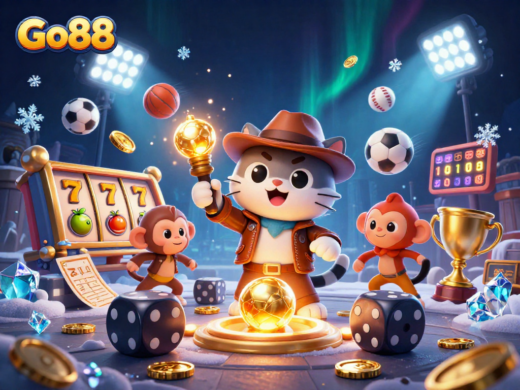 Engage with Go88's dynamic gaming experience featuring an explorer cat and treasures.