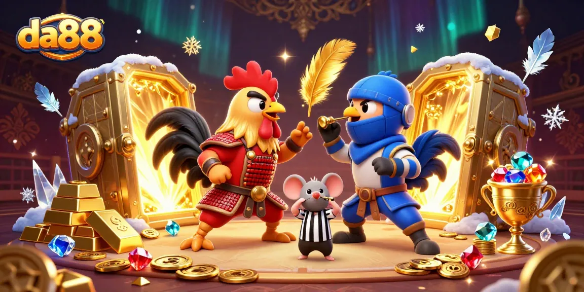 Engage in thrilling cockfighting action at da88 with colorful roosters battling amidst treasures.