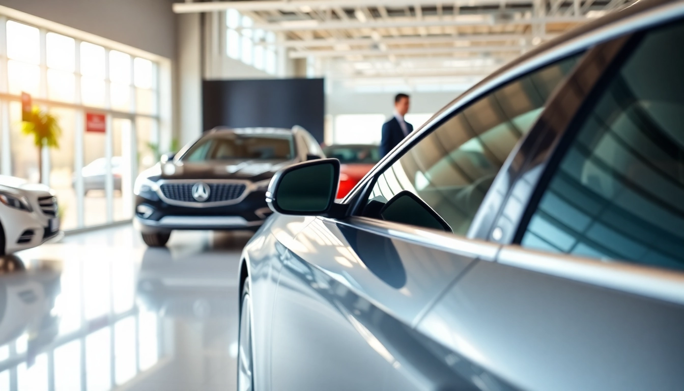 Browse a modern car showroom to Buy New Car, featuring a polished sedan and engaging customer interactions.