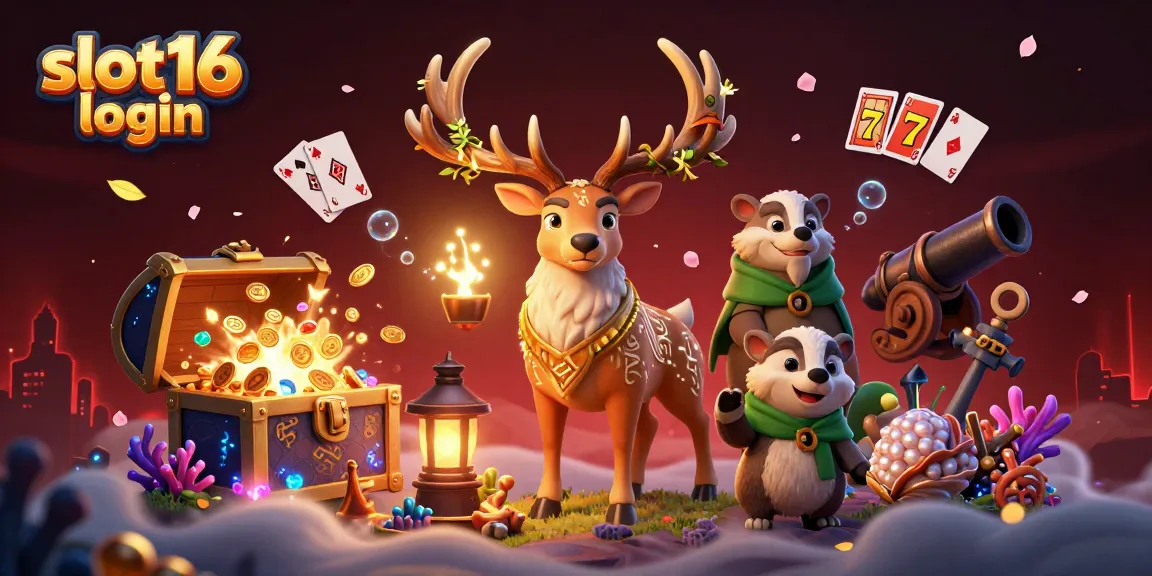 Win with slot16 login in this vibrant, magical casino 3D illustration.