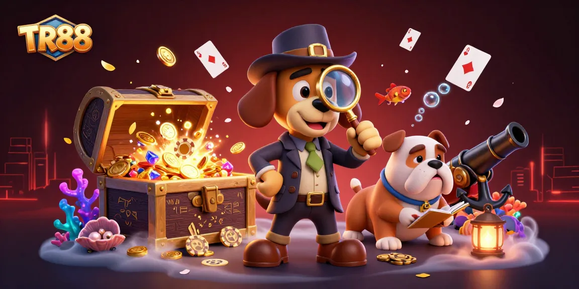 Join TR88's thrilling adventure with a detective and bulldog uncovering treasures in a vibrant casino.