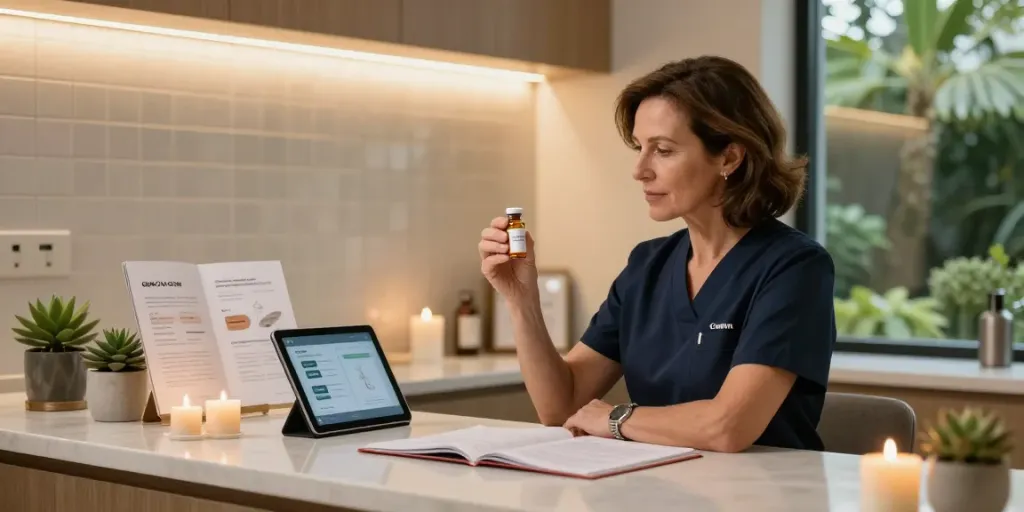 GHK-Cu peptide examination in a serene wellness setting, showcasing the benefits of https://noxpeptides.ca/product/ghk-cu/ for health enthusiasts.