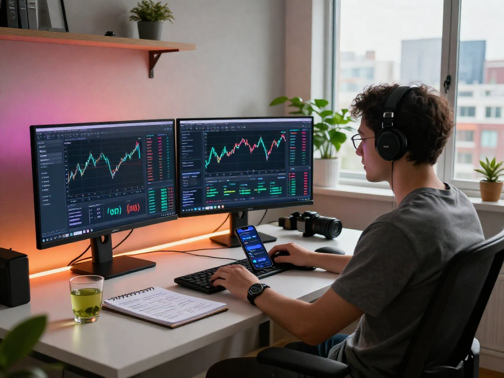 Trader usando Immediate Edge en oficina moderna con pantallas y gráficos de mercado.