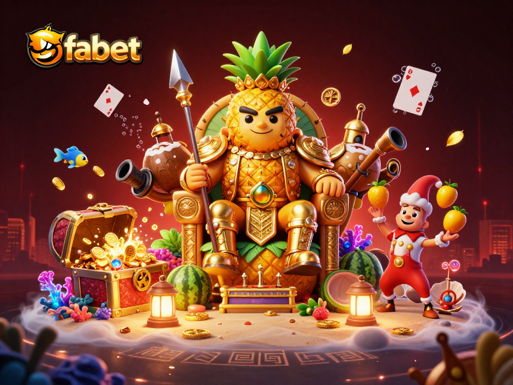 Engage in fun casino action at fabet with a magical scene featuring a pineapple king and vibrant gaming elements.