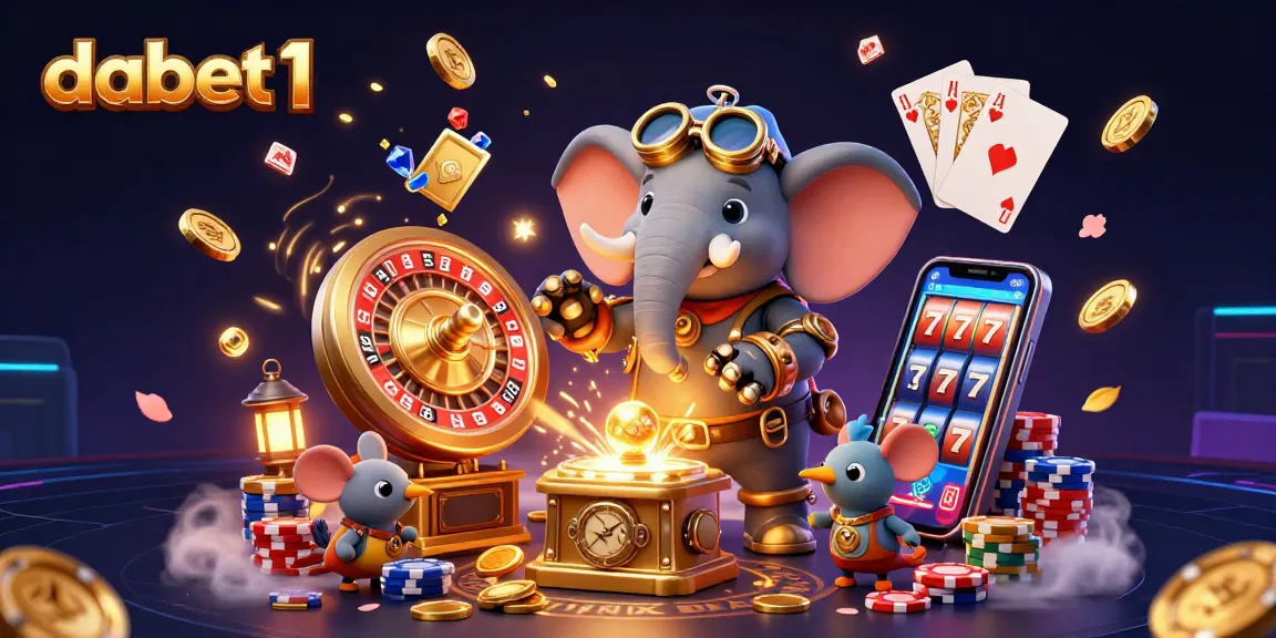 dabet1 engages players with vibrant 3D casino illustration featuring a steampunk elephant engineer at a golden slot machine.