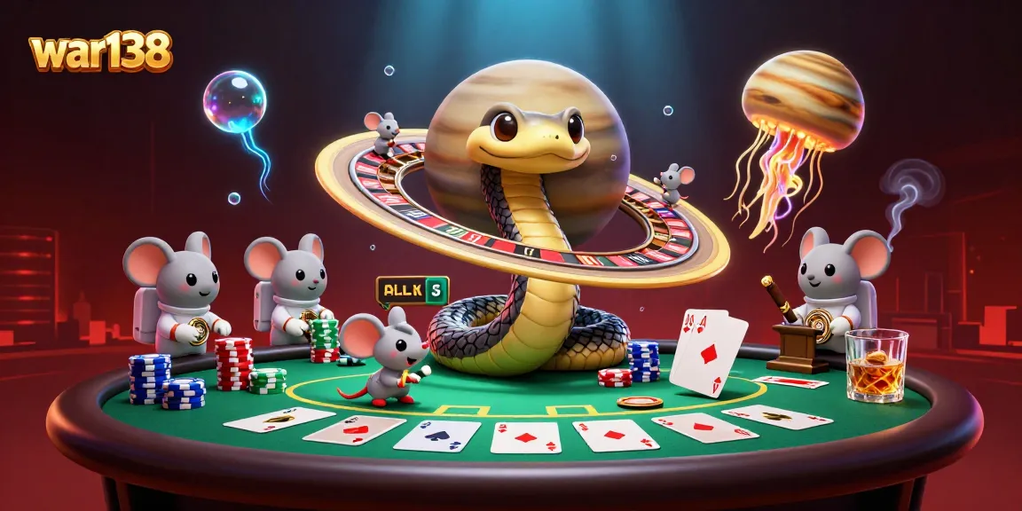 Experience thrilling bets on war138 with astronaut mice and cosmic dealer amidst vibrant casino action.