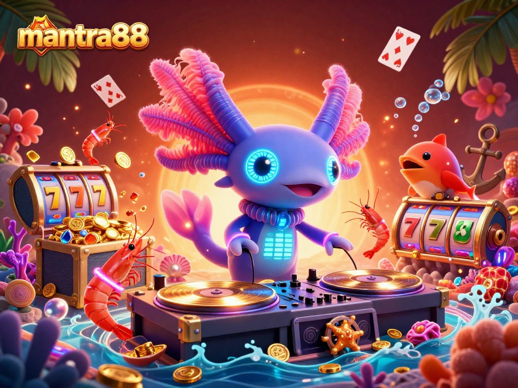 Experience thrilling gameplay with mantra88's vibrant casino scene featuring a neon axolotl DJ.