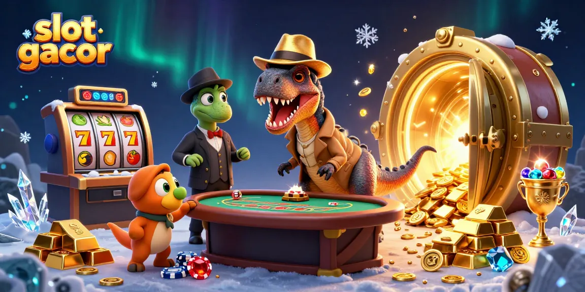 Engage with slot gacor as a velociraptor card counter at a dynamic casino scene filled with treasures.